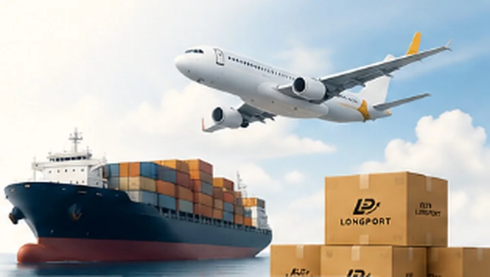 Importación aérea y marítima LongPort: avión, buque de carga y cajas LongPort